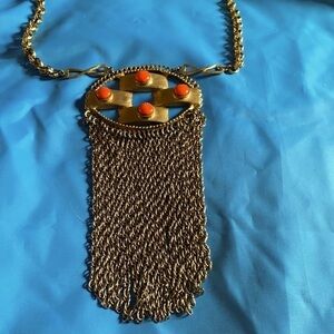 Gold Tone Statement Necklace with Orange and Chains